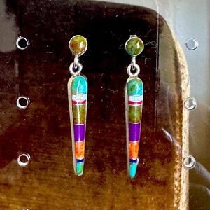Handmade Natural Multi Stone Turquoise + Sterling Silver Statement Bar Earrings